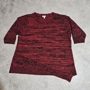 Croft & Barrow 2X Red Black Marled Knit Sweater Asymmetrical Hem 3/4 Sleeve